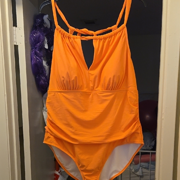 PEACH One Piece Swimsuit with Plunging V-Neckline and Ruched Waist - Picture 1 of 5